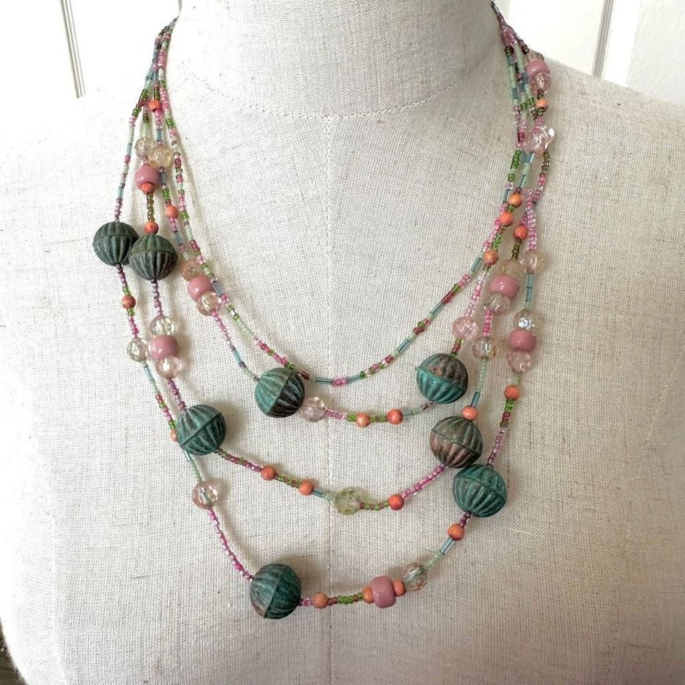 Green and pink beaded multi strand necklace